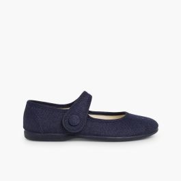 Sapatos Merceditas Linho tiras aderentes   Botão Azul Marinho