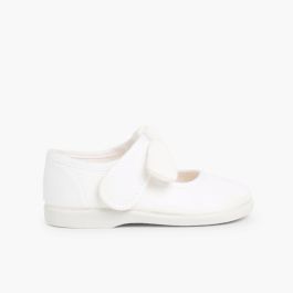 Sapatos Merceditas Lona tiras aderentes   Laço Liso Branco