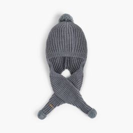 Gorro com Cachecol e Pompons Cinzento