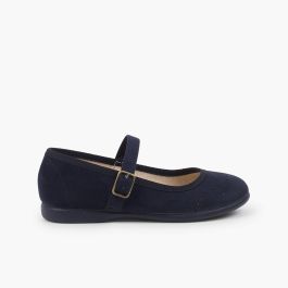 Merceditas Efeito Camurça Fivela Picotados Azul Marinho