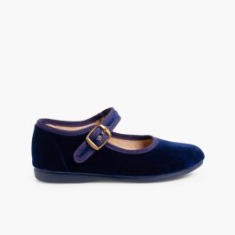 Sapatos Merceditas Veludo com Fivela Azul Marinho