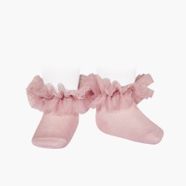 Meias pelo tornozelo tira de tule franzida Rosa Pálido