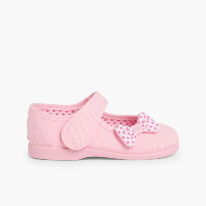 Sapatos Merceditas de Lona tiras aderentes Laço Bolinhas