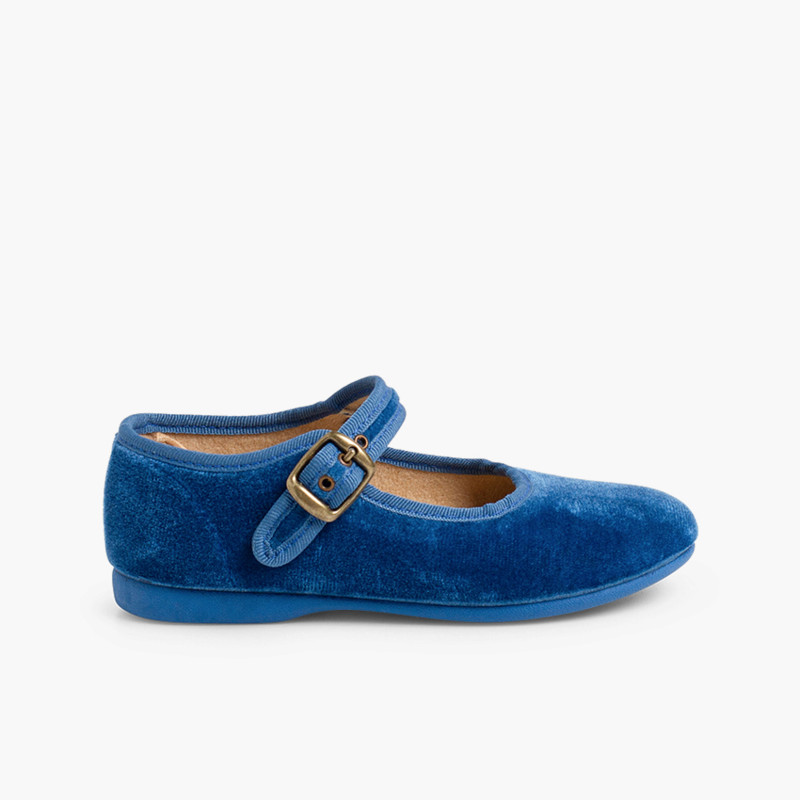 Sapatos Merceditas Veludo com Fivela Azul Claro