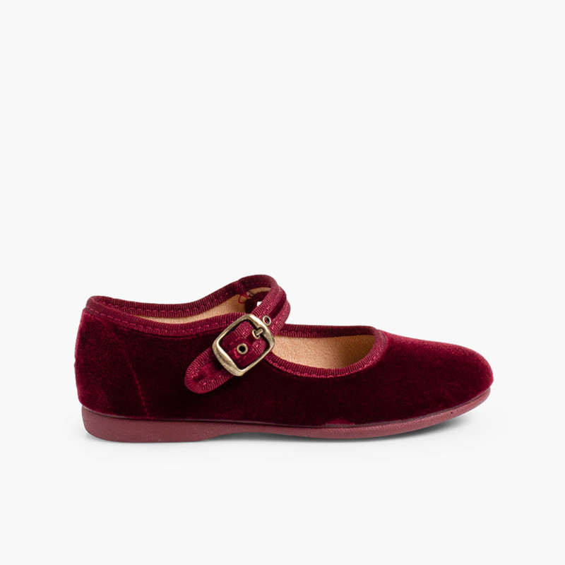 Sapatos Merceditas Veludo com Fivela Bordeaux