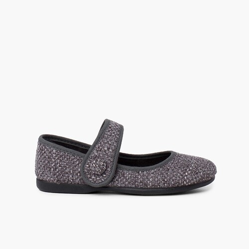 Merceditas Menina Tweed Fecho Tira Cinzento