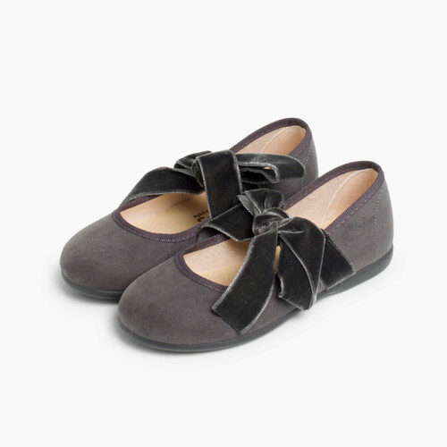 Sapatos Merceditas com Laço de Veludo Cinzento