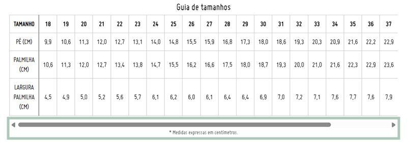 Guia de tamanhos Pisamonas